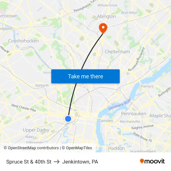 Spruce St & 40th St to Jenkintown, PA map