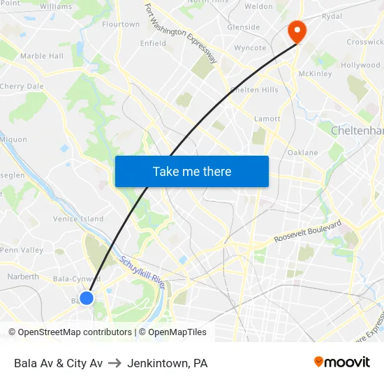 Bala Av & City Av to Jenkintown, PA map