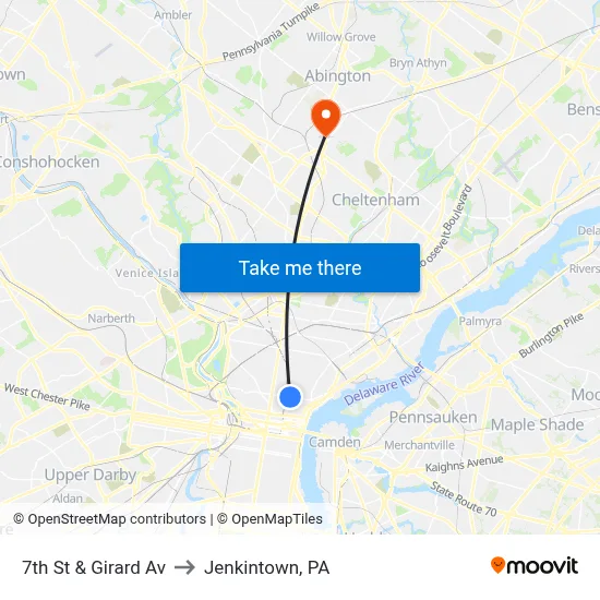 7th St & Girard Av to Jenkintown, PA map