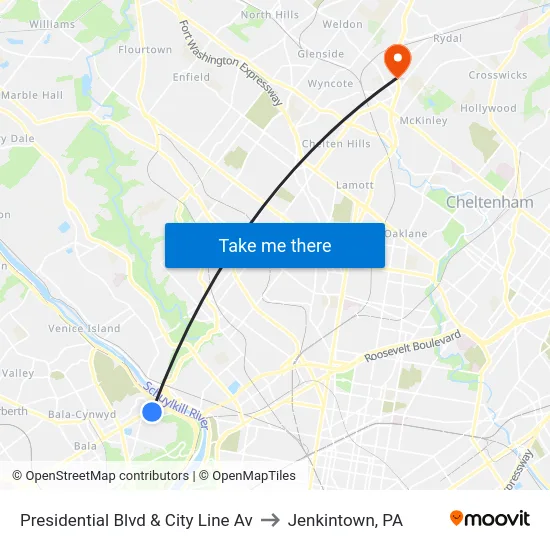Presidential Blvd & City Line Av to Jenkintown, PA map