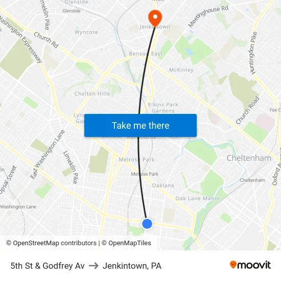 5th St & Godfrey Av to Jenkintown, PA map