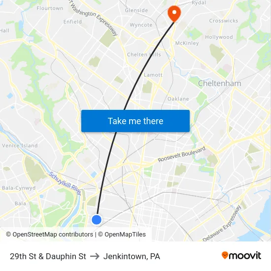 29th St & Dauphin St to Jenkintown, PA map