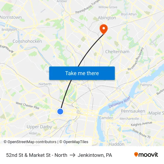 52nd St & Market St - North to Jenkintown, PA map