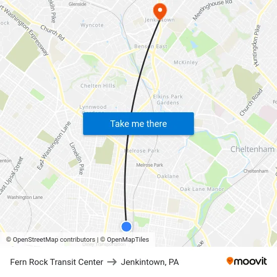Fern Rock Transit Center to Jenkintown, PA map