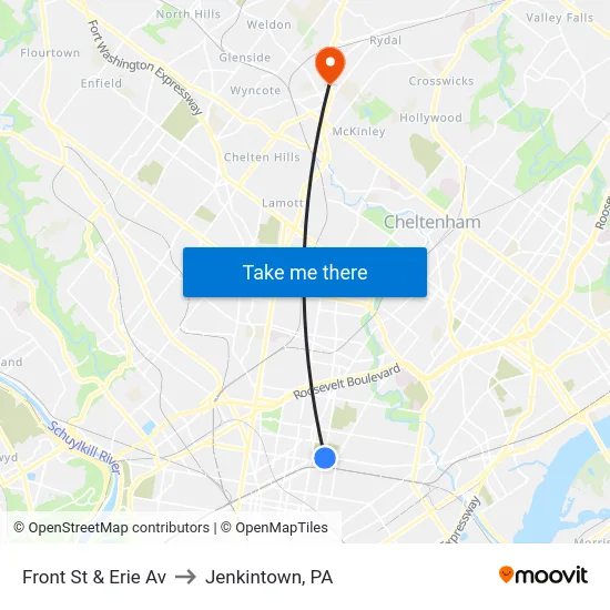 Front St & Erie Av to Jenkintown, PA map