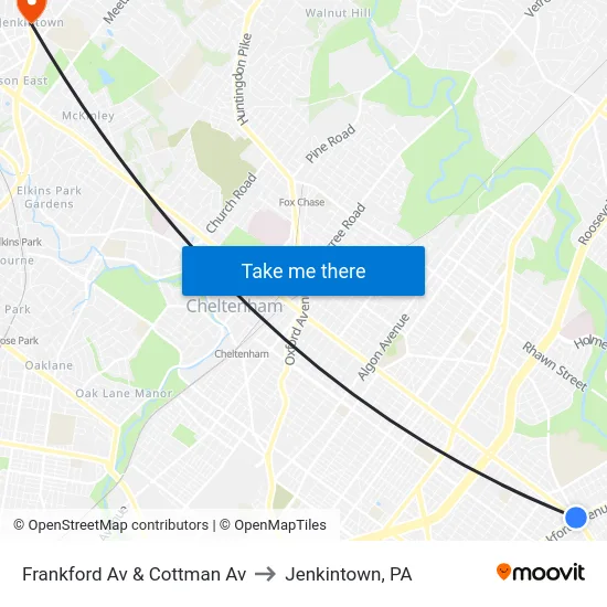 Frankford Av & Cottman Av to Jenkintown, PA map