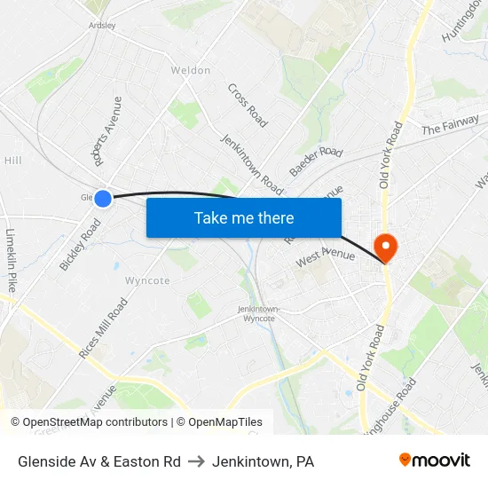 Glenside Av & Easton Rd to Jenkintown, PA map