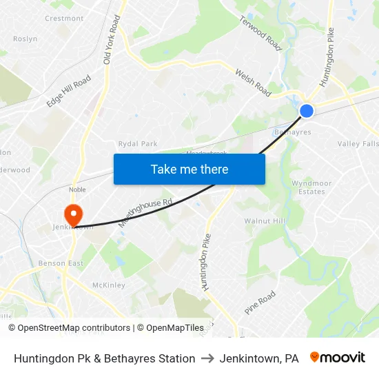 Huntingdon Pk & Bethayres Station to Jenkintown, PA map