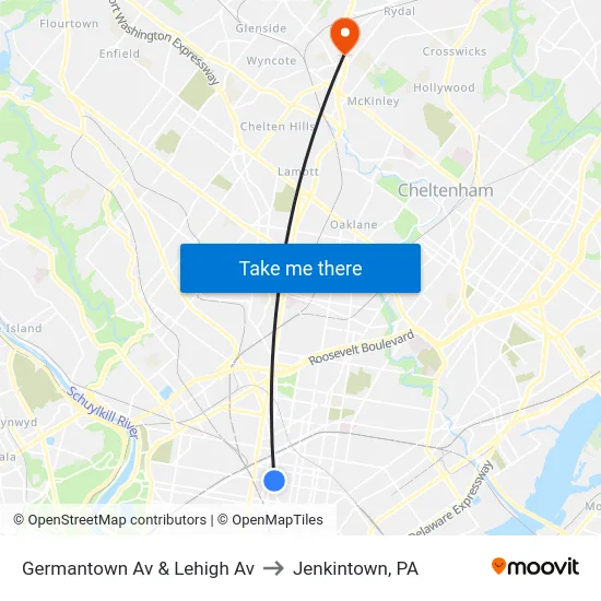 Germantown Av & Lehigh Av to Jenkintown, PA map