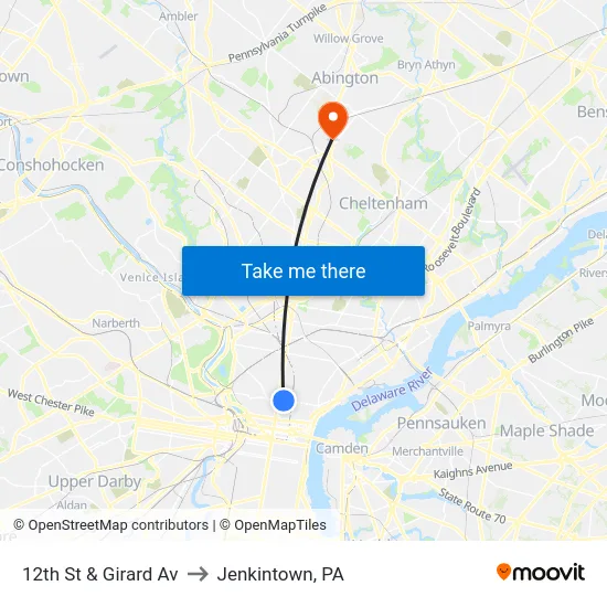 12th St & Girard Av to Jenkintown, PA map