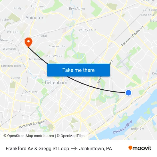 Frankford Av & Gregg St Loop to Jenkintown, PA map