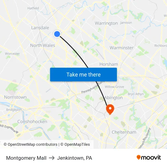 Montgomery Mall to Jenkintown, PA map