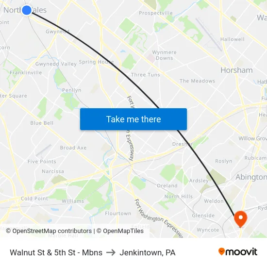 Walnut St & 5th St - Mbns to Jenkintown, PA map