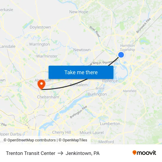Trenton Transit Center to Jenkintown, PA map