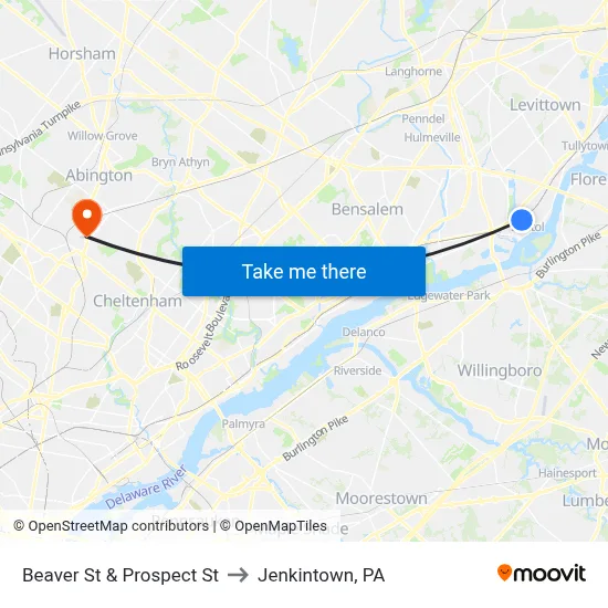 Beaver St & Prospect St to Jenkintown, PA map