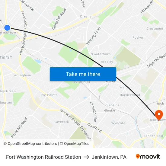 Fort Washington Railroad Station to Jenkintown, PA map