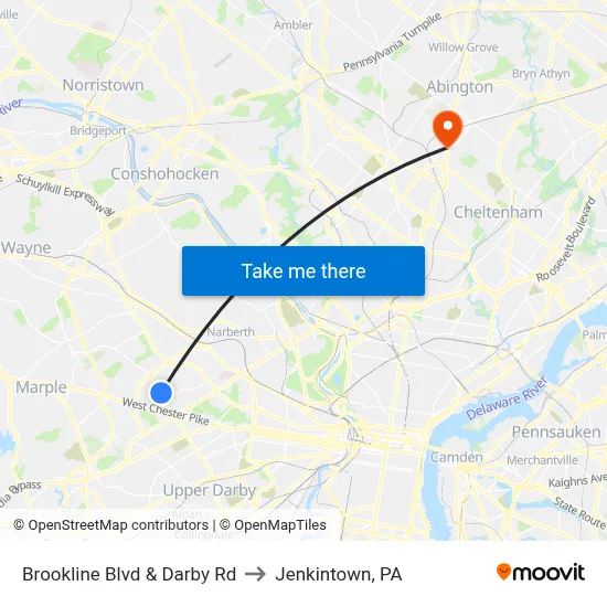 Brookline Blvd & Darby Rd to Jenkintown, PA map