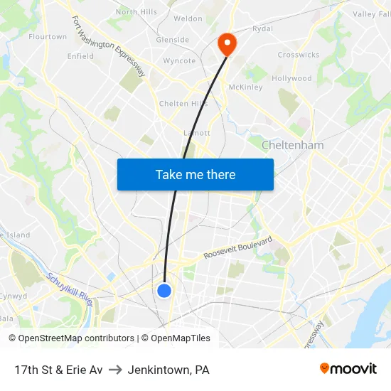 17th St & Erie Av to Jenkintown, PA map