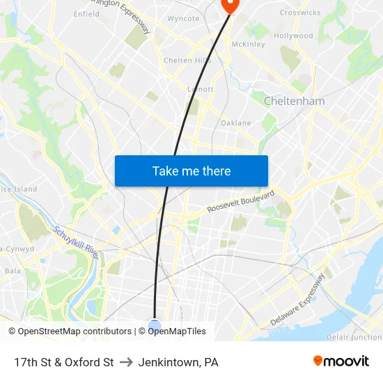 17th St & Oxford St to Jenkintown, PA map