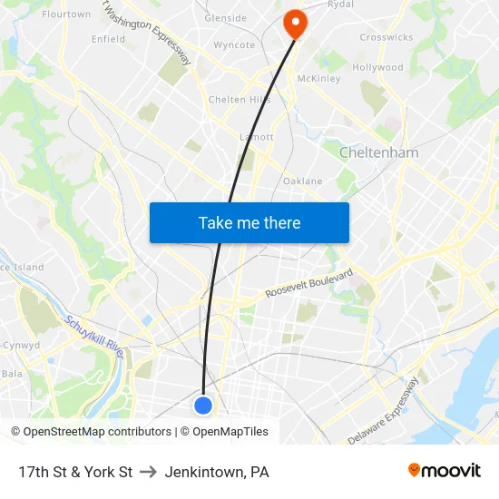 17th St & York St to Jenkintown, PA map