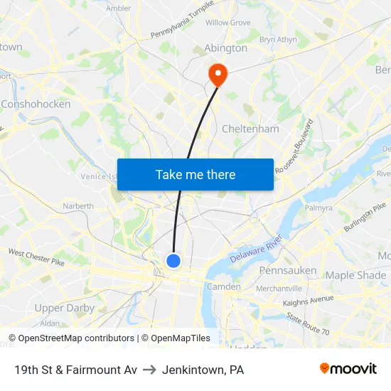 19th St & Fairmount Av to Jenkintown, PA map