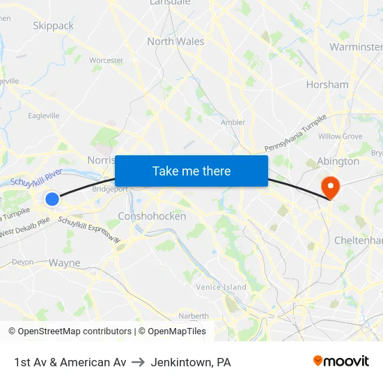 1st Av & American Av to Jenkintown, PA map