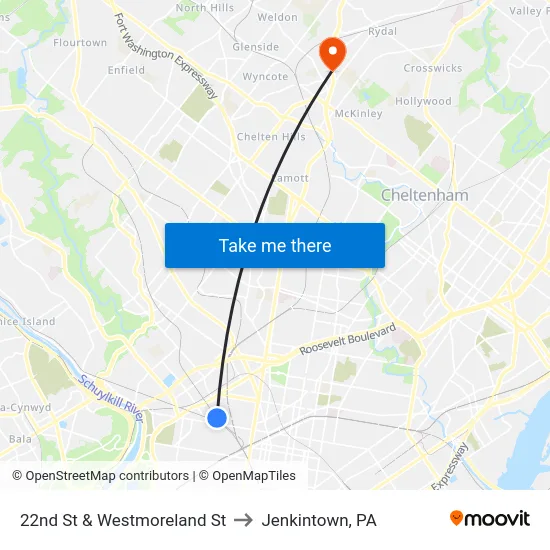 22nd St & Westmoreland St to Jenkintown, PA map