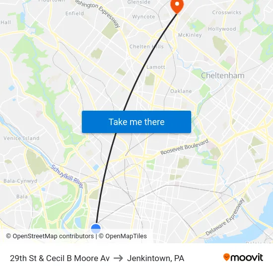 29th St & Cecil B Moore Av to Jenkintown, PA map