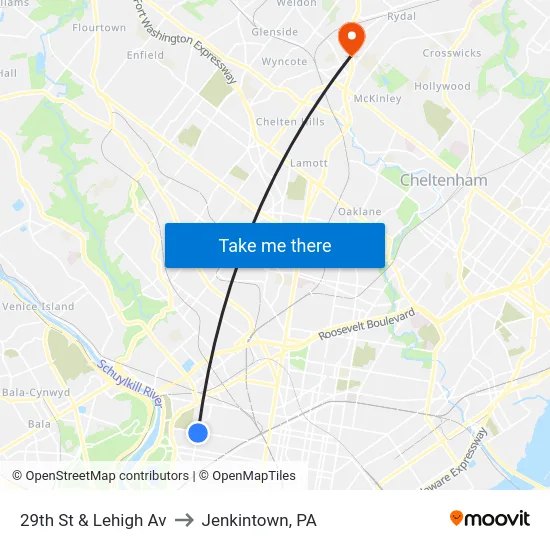 29th St & Lehigh Av to Jenkintown, PA map