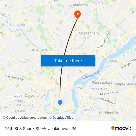 16th St & Shunk St to Jenkintown, PA map