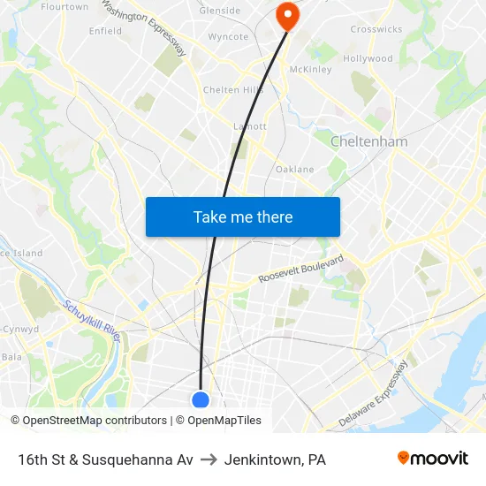 16th St & Susquehanna Av to Jenkintown, PA map