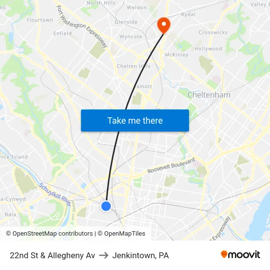 22nd St & Allegheny Av to Jenkintown, PA map