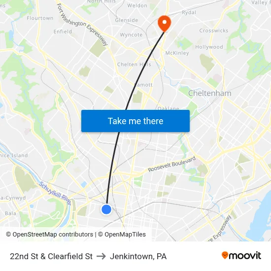 22nd St & Clearfield St to Jenkintown, PA map