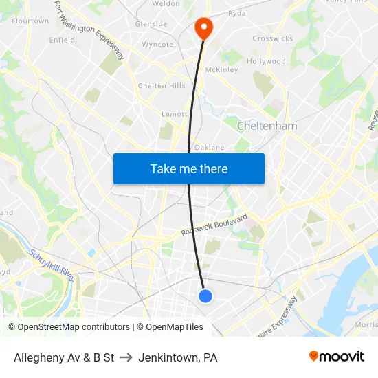 Allegheny Av & B St to Jenkintown, PA map