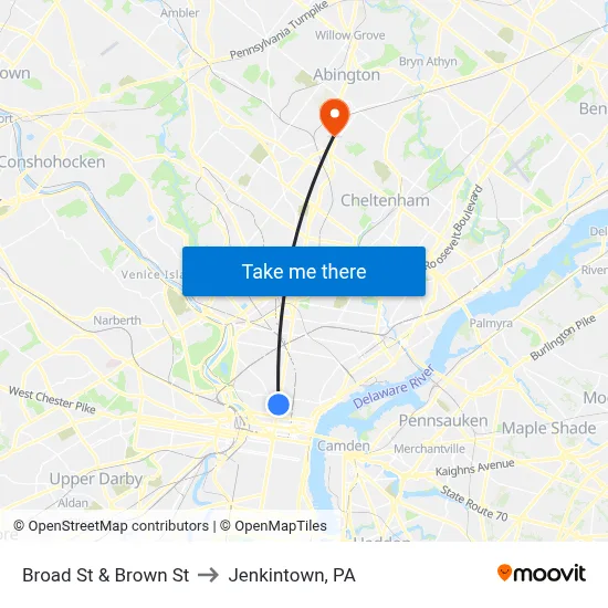 Broad St & Brown St to Jenkintown, PA map