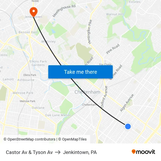 Castor Av & Tyson Av to Jenkintown, PA map