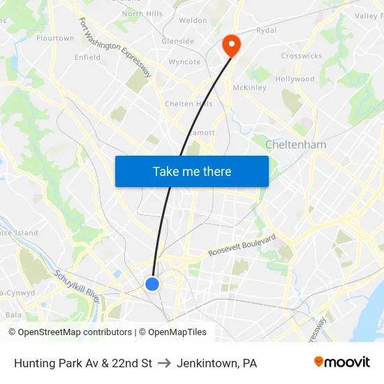 Hunting Park Av & 22nd St to Jenkintown, PA map