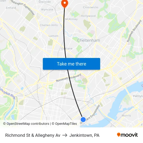 Richmond St & Allegheny Av to Jenkintown, PA map