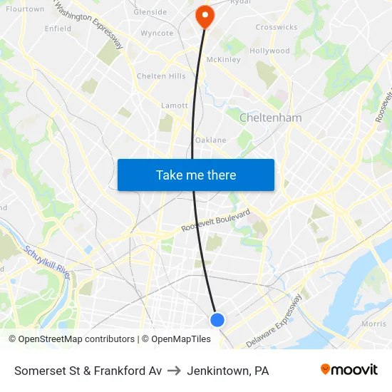 Somerset St & Frankford Av to Jenkintown, PA map