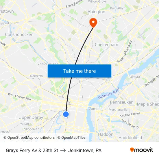 Grays Ferry Av & 28th St to Jenkintown, PA map