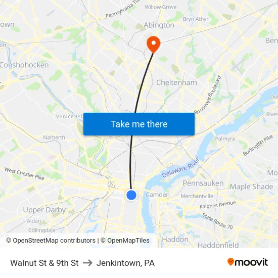 Walnut St & 9th St to Jenkintown, PA map