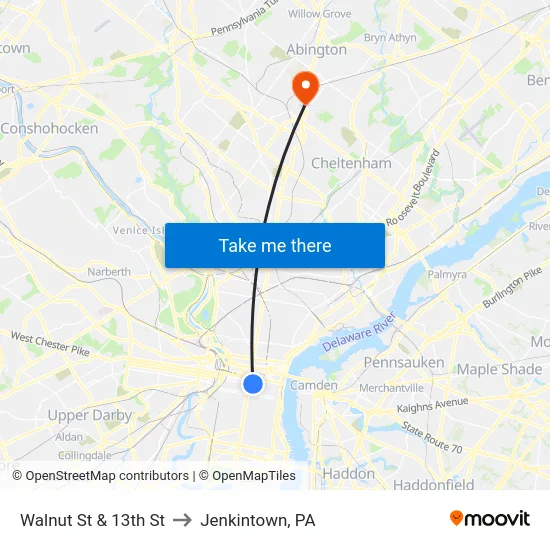 Walnut St & 13th St to Jenkintown, PA map