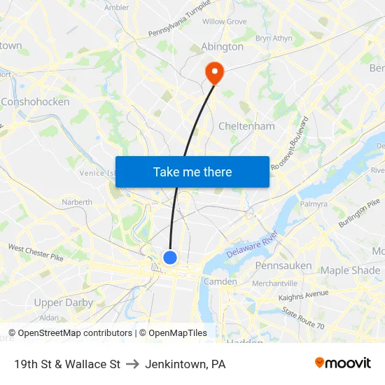 19th St & Wallace St to Jenkintown, PA map