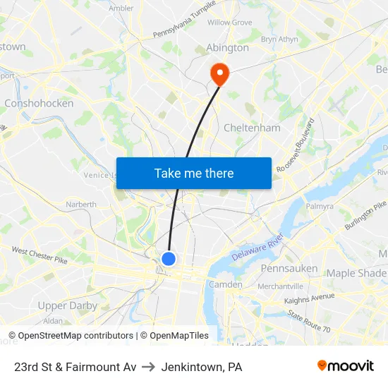 23rd St & Fairmount Av to Jenkintown, PA map