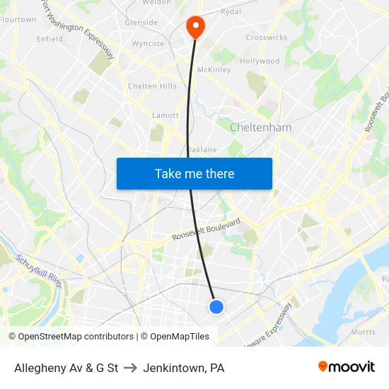 Allegheny Av & G St to Jenkintown, PA map