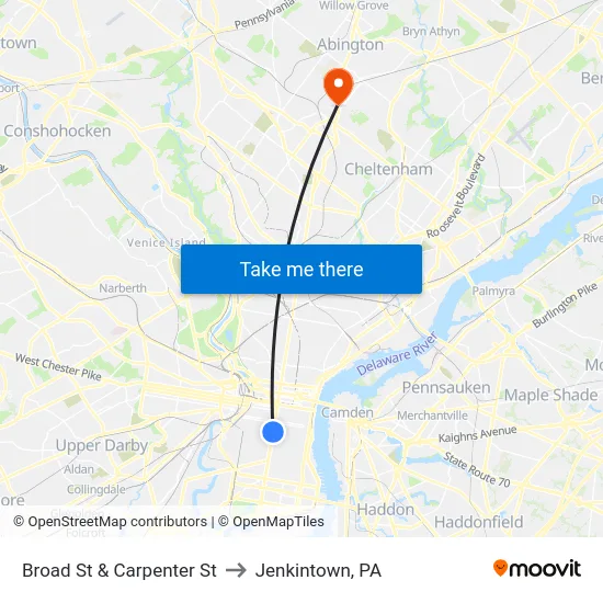 Broad St & Carpenter St to Jenkintown, PA map