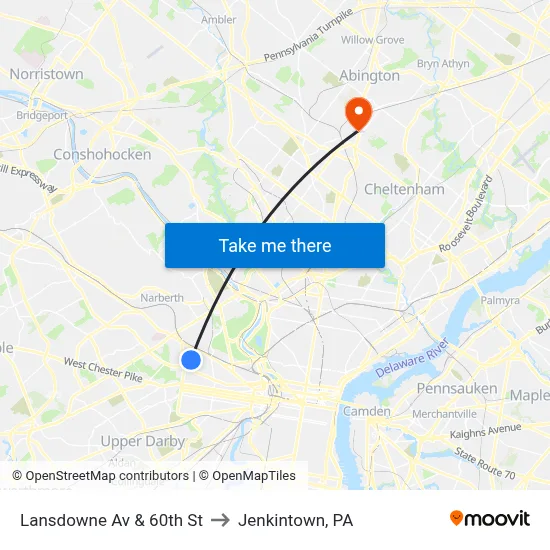 Lansdowne Av & 60th St to Jenkintown, PA map