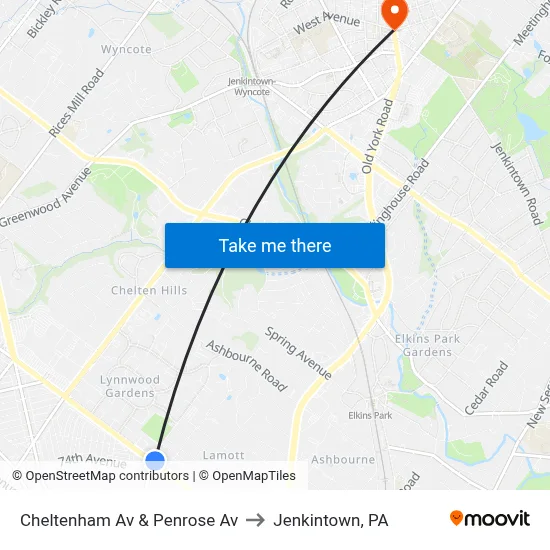 Cheltenham Av & Penrose Av to Jenkintown, PA map