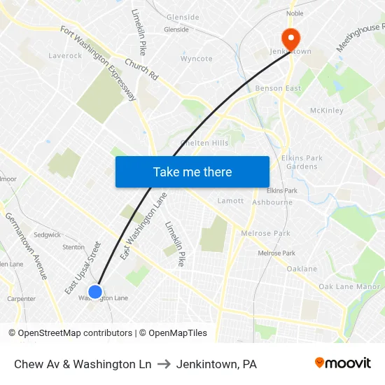 Chew Av & Washington Ln to Jenkintown, PA map