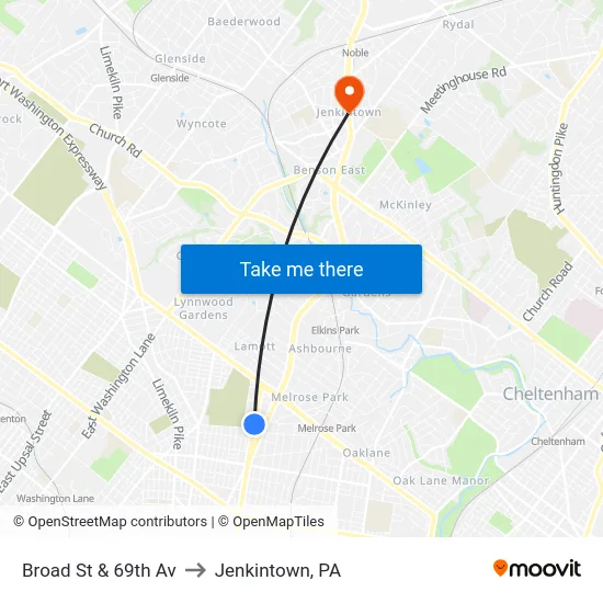 Broad St & 69th Av to Jenkintown, PA map